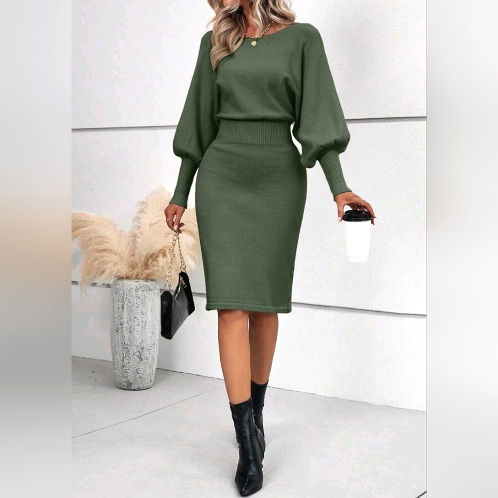 New Chic High Waist Lantern Sleeve Knit Sweater Dress Olive Green